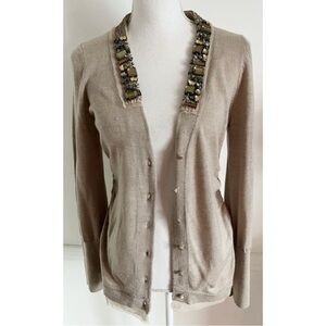 Loft • Beige Tan Gemstone Jewelled Merino Wool Cardigan